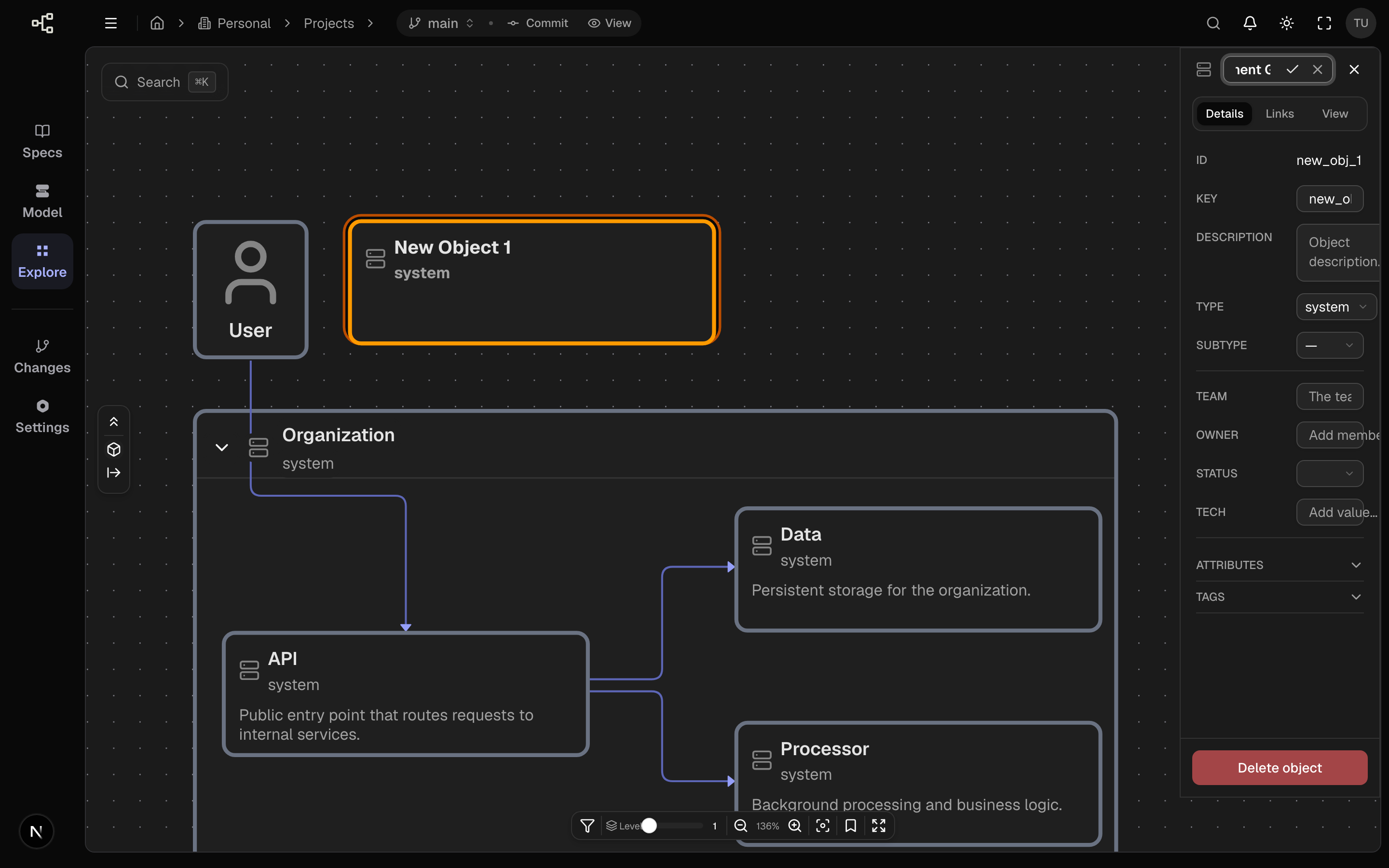 The object panel on the right with the Title being set, plus Key, Type, and other fields