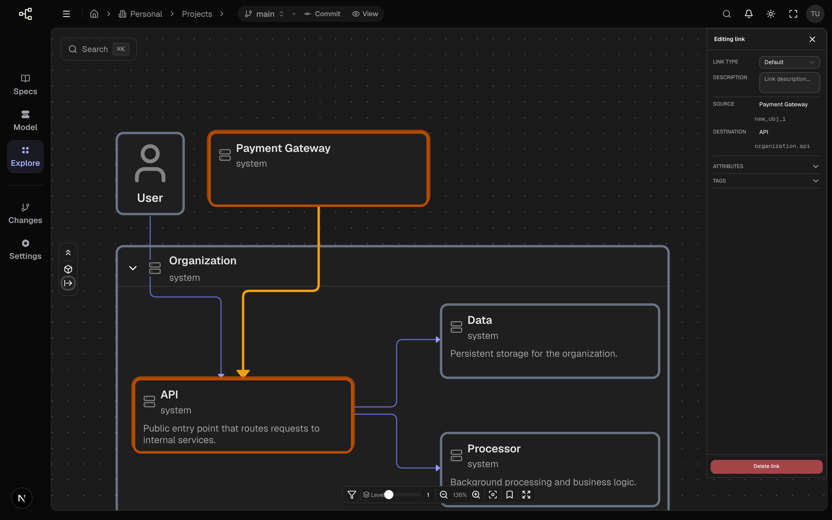 The new Payment Gateway object linked to API, with the link panel showing source and destination