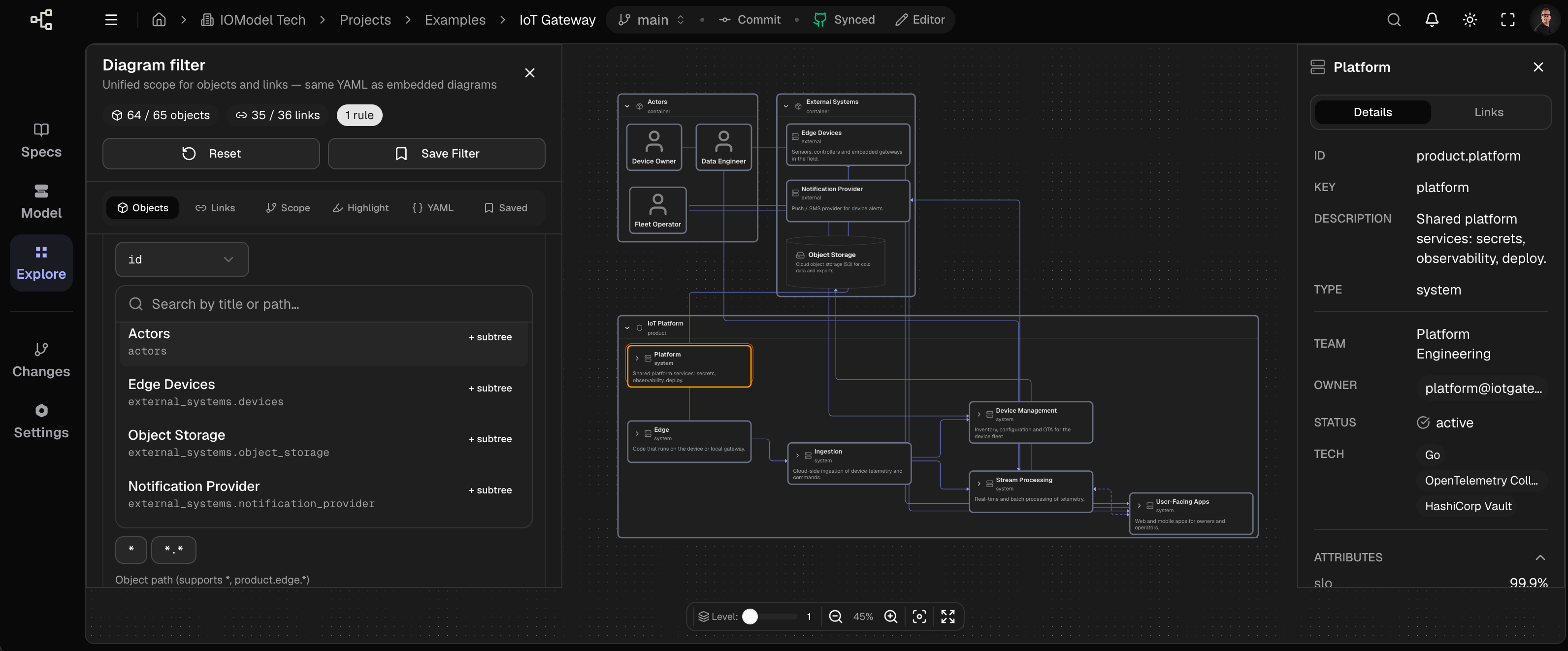 Explore diagram filter panel — Objects, Links, Scope, Highlight, YAML, and Saved tabs