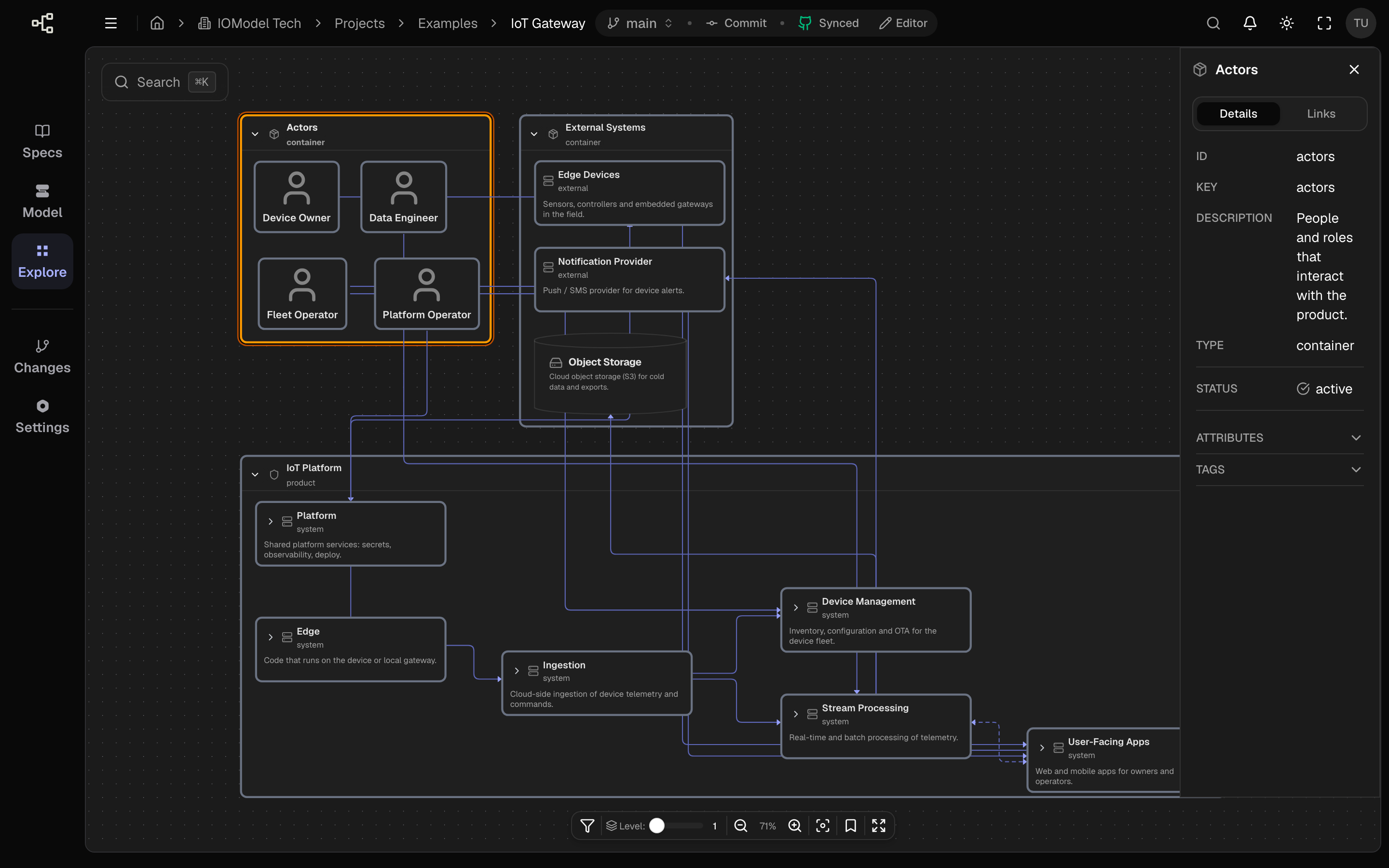 Object detail panel — Details and Links tabs with id, key, description, type, status, attributes, and tags