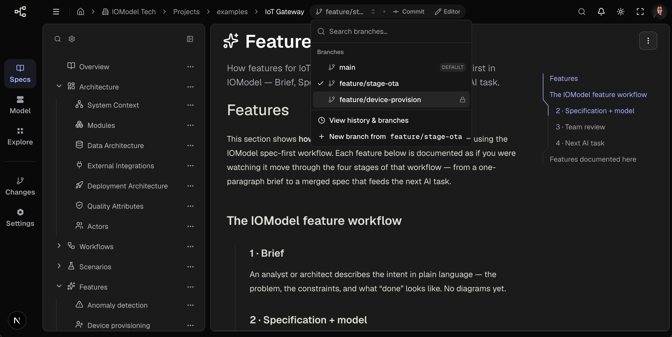 Specs view — branch switcher in project toolbar