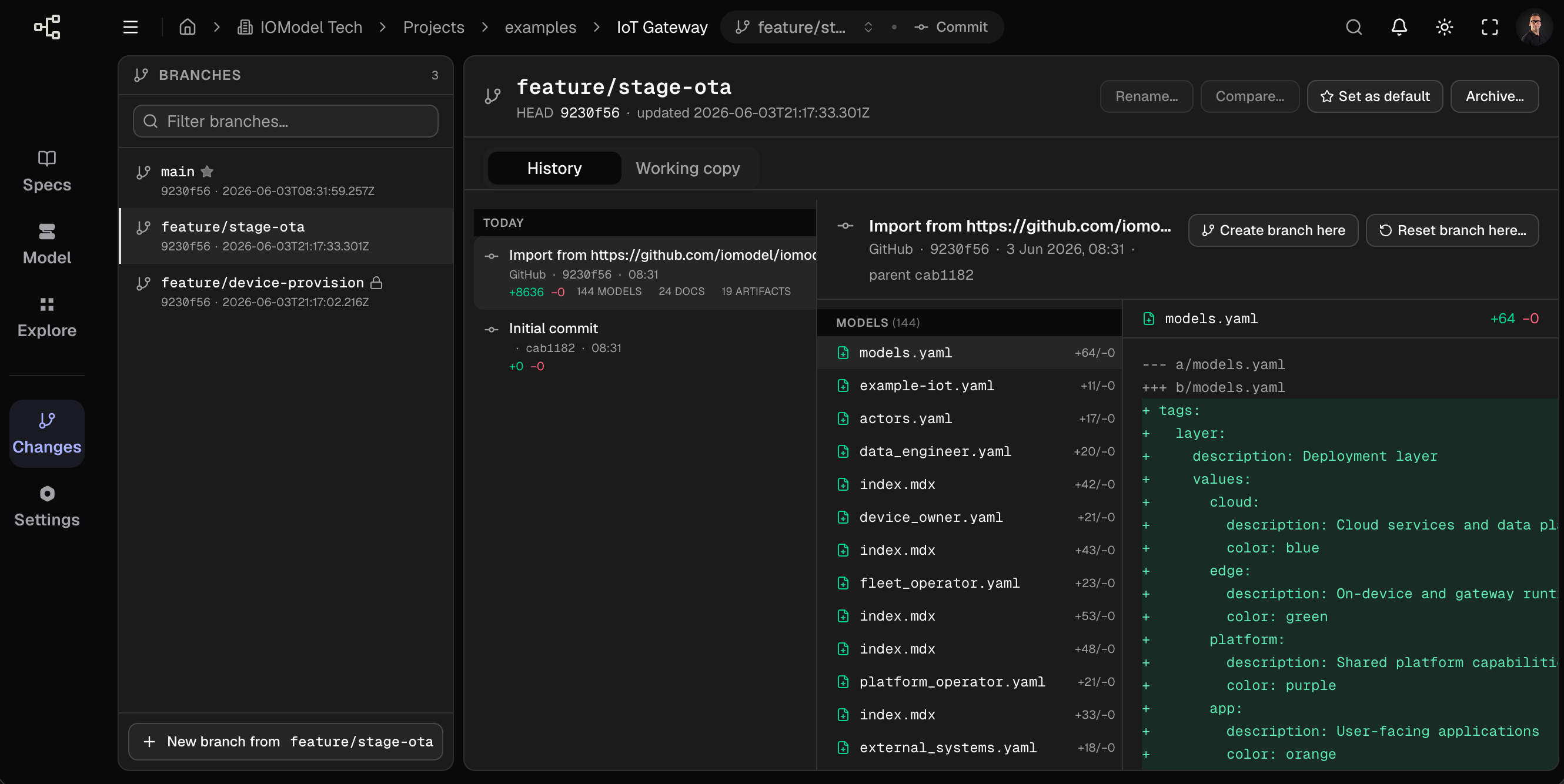 Changes page — branch list, history, Working copy tab