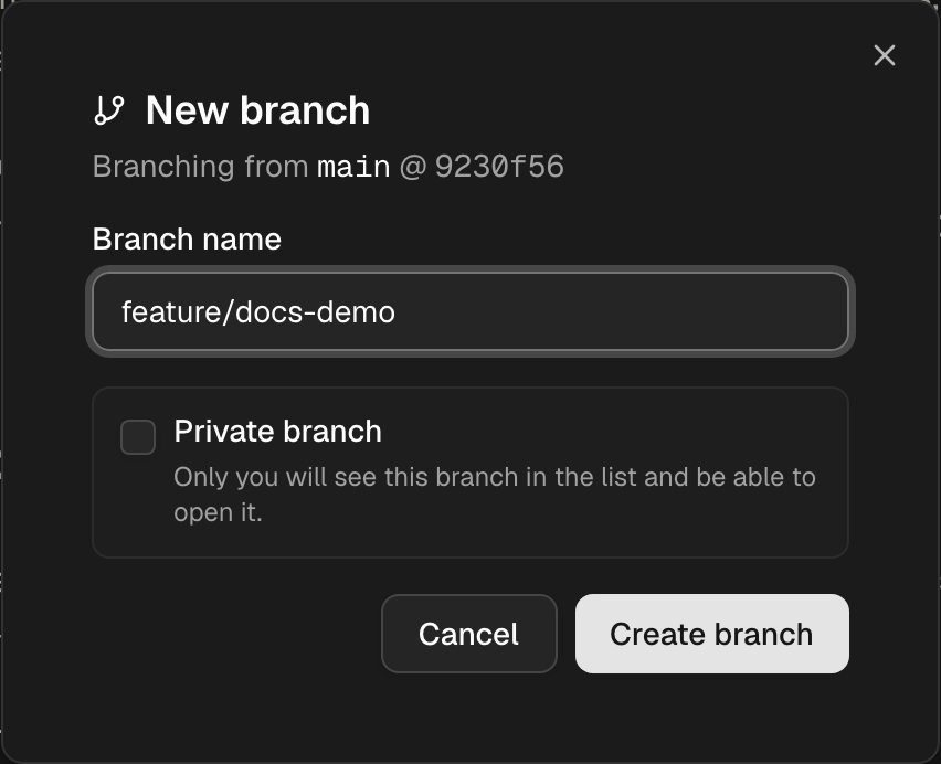 New branch dialog — name, branch type, Create branch