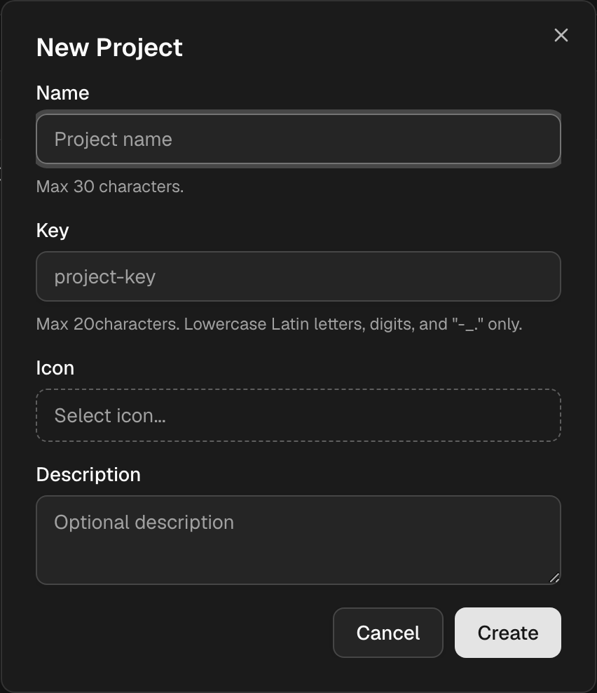 New Project dialog — Name, Key, Icon, Description, Create