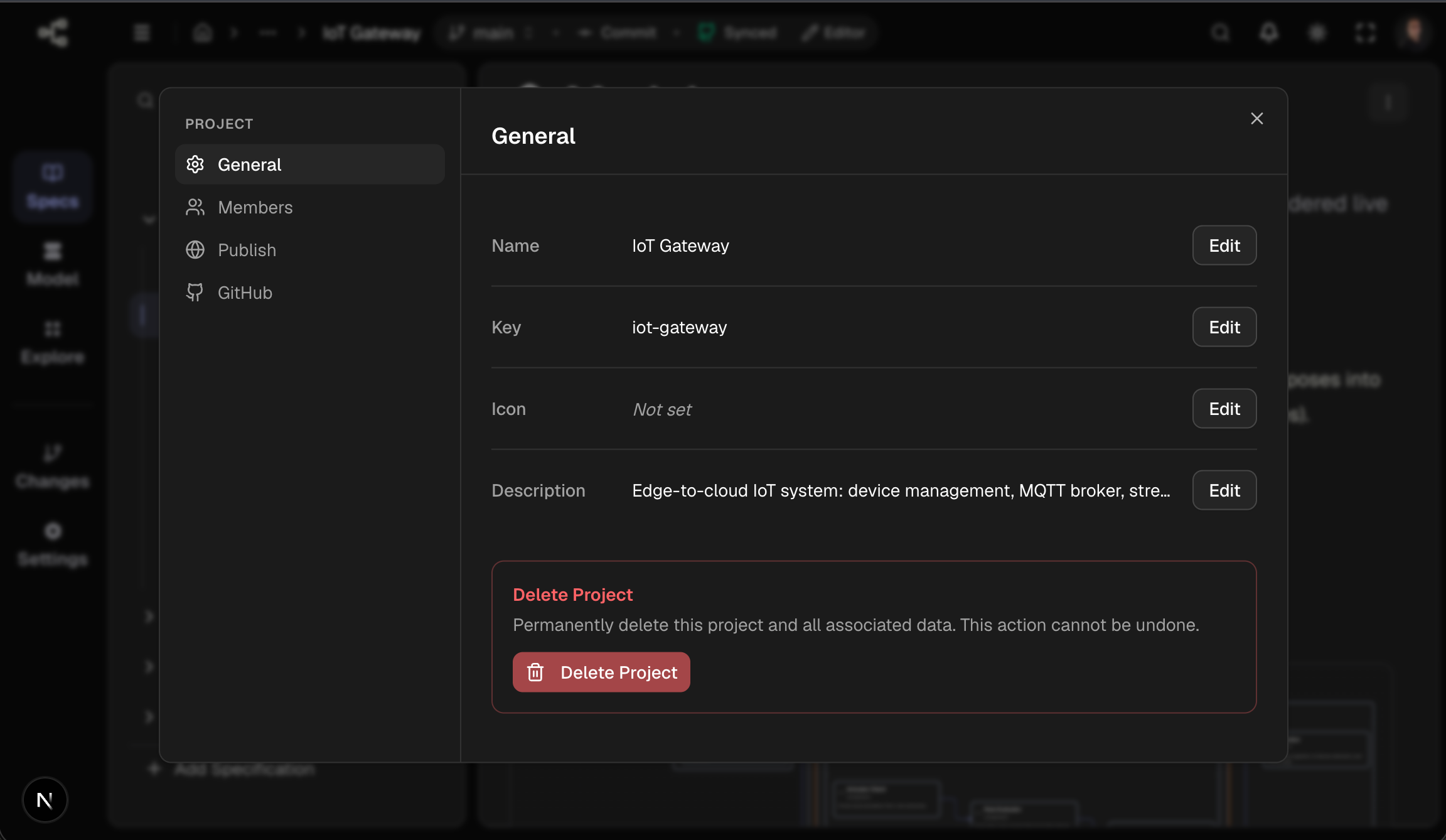 General tab — Name, Key, Icon, Description, Delete project