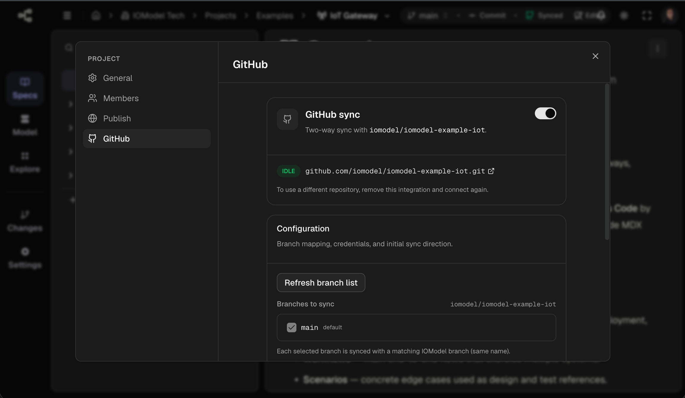 GitHub tab — repository connection, sync toggle, branch mapping, PAT, source of truth