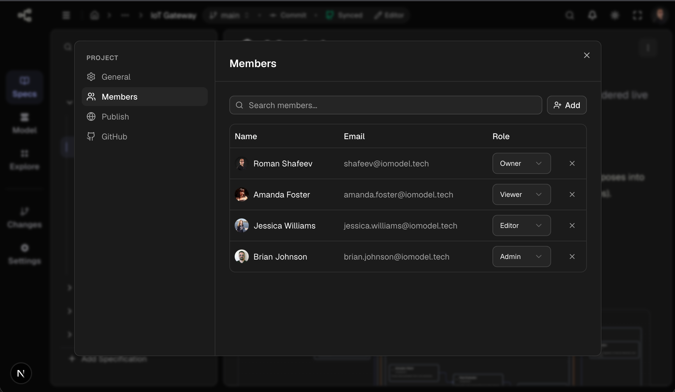 Members tab — users and groups with role assignments