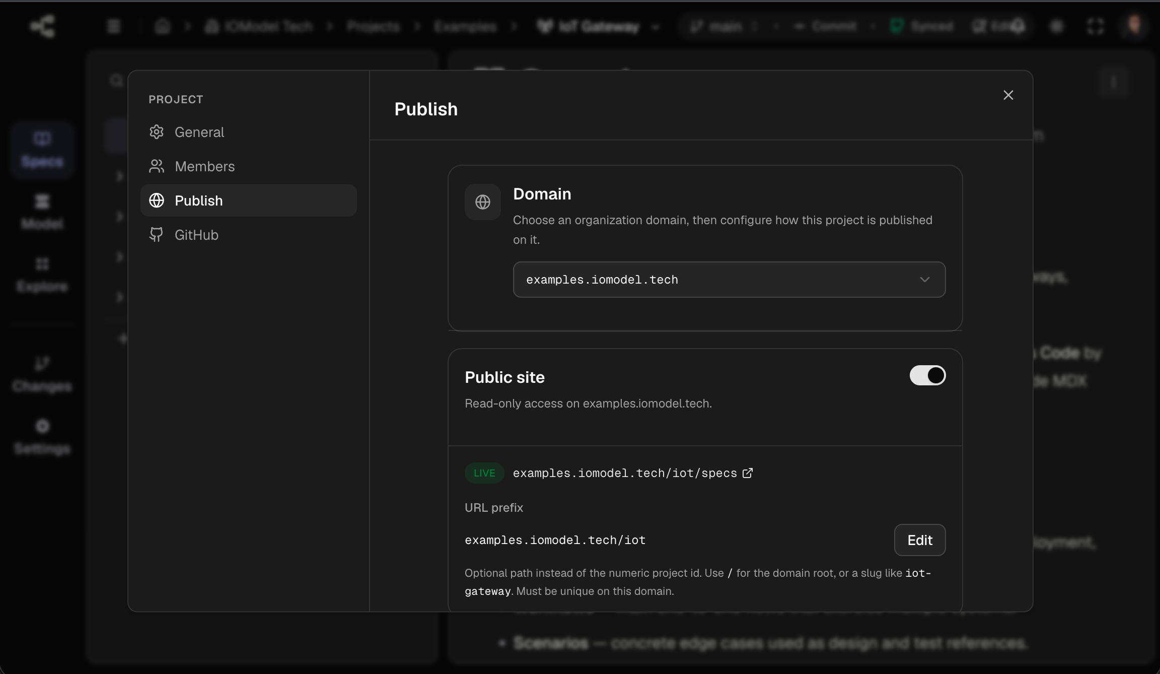 Publish tab — domain selector, public site toggle, URL prefix, sections and branches